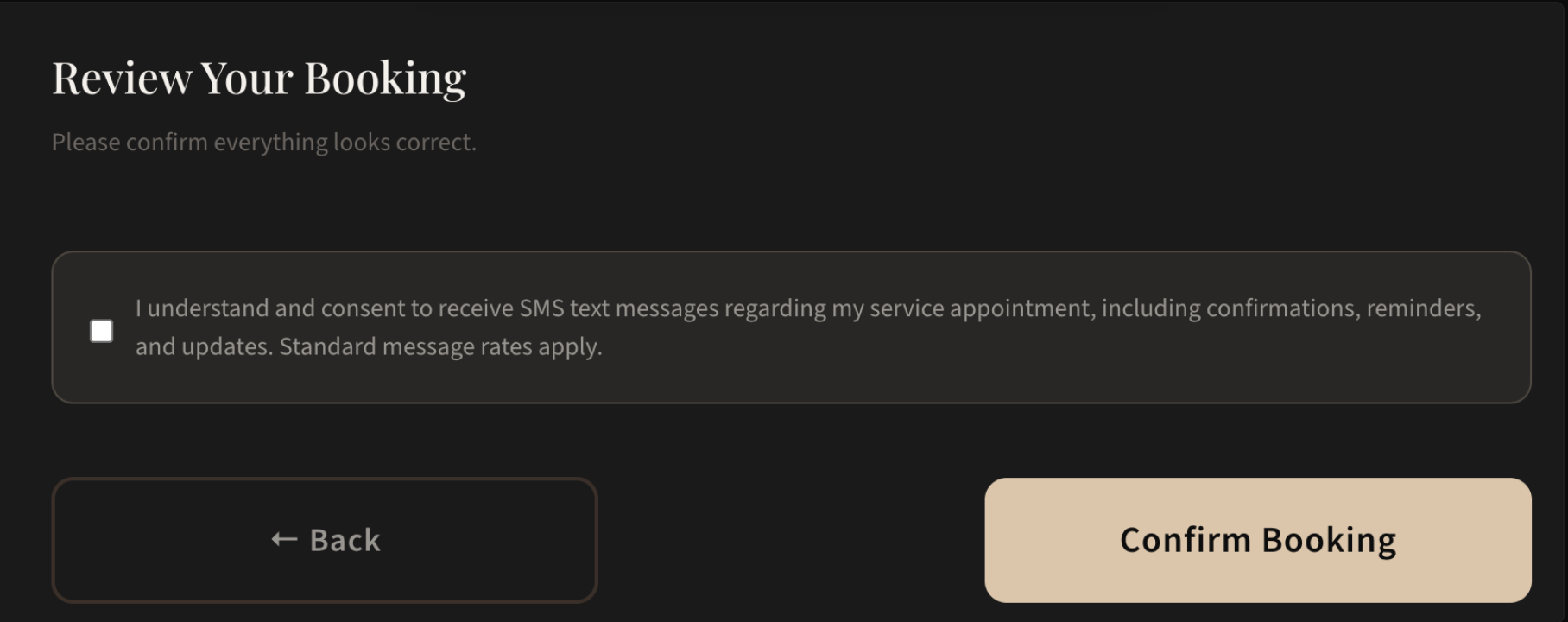 Screenshot of SMS consent checkbox shown during the Review Your Booking step